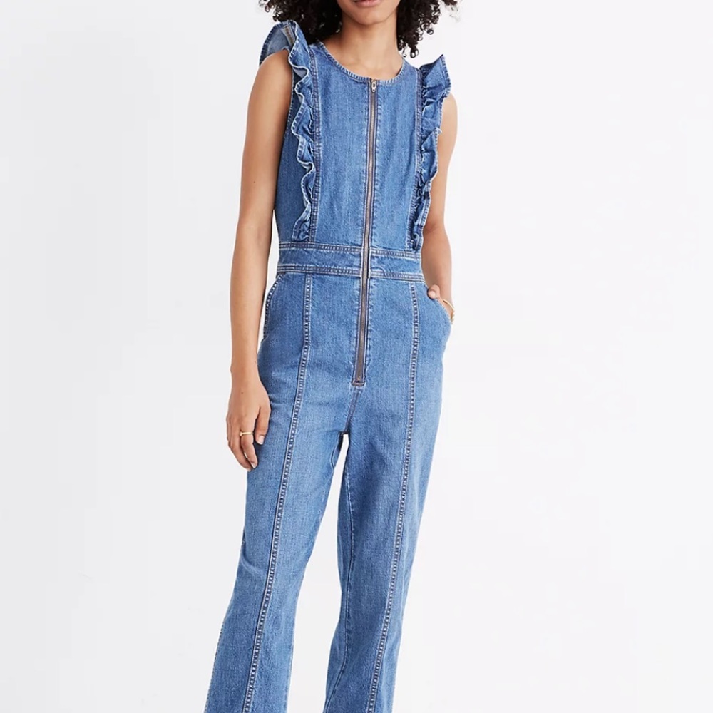 Madewell Denim Ruffle Sleeve Zipper Jumpsuit